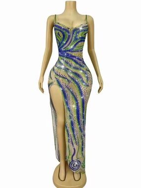 Sparkling Green & Blue High-Slit Sheer Evening Dress